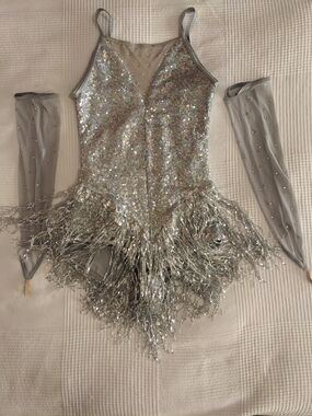 Weissman Silver Sequin Fringe Dance Costume with Mesh Point Gloves. Youth.